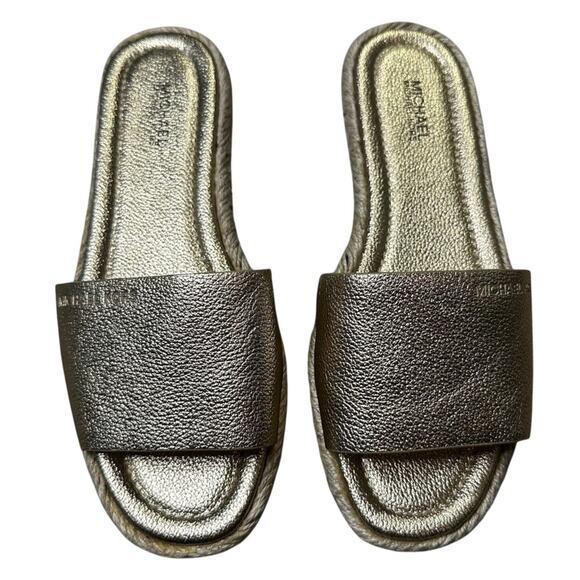 Michael Kors Metallic Gold Textured Leather Slides Size 7 NEW - Picture 1 of 10